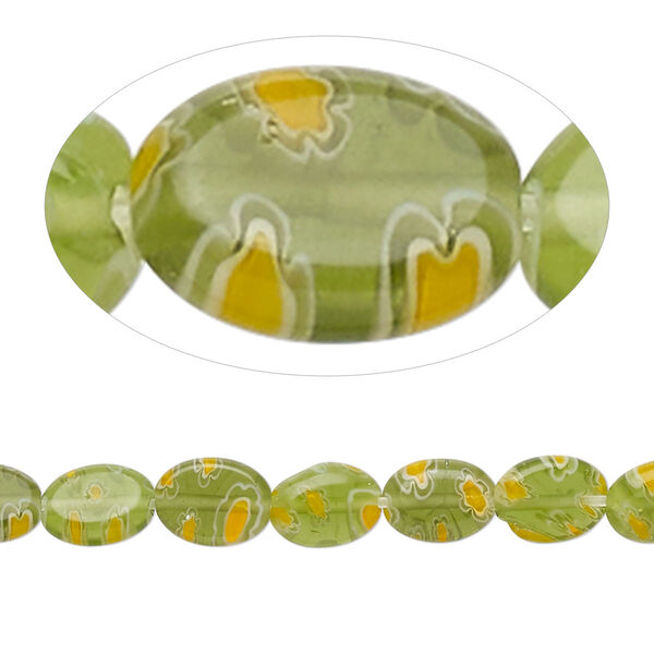Bead, millefiori glass, translucent green / golden yellow / white, 8x6mm flat oval with flower design. Sold per 14-inch strand. image number 0