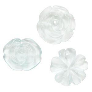 Drop mix, glass, transparent light blue, 25x21mm-26x25mm top-drilled carved flower. Sold per pkg of 3.