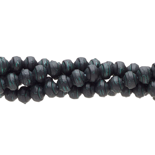 Bead, painted glass, pkg/(4) 7 inches, 5x4mm rondelle, opaque black and turquoise blue. image number 0