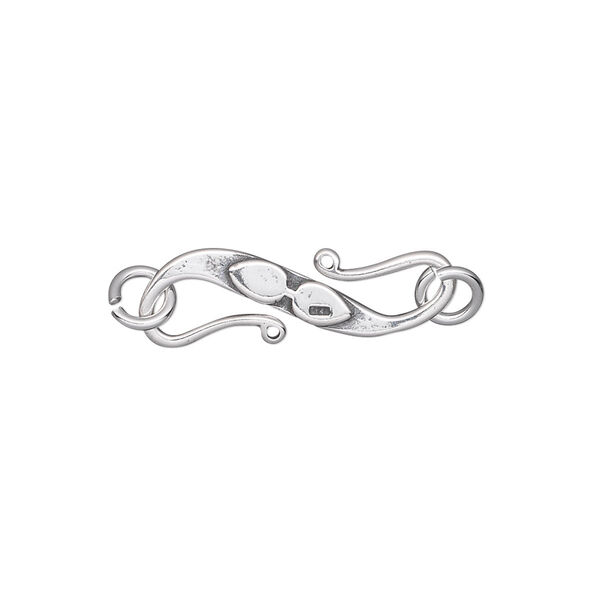 Clasp, S-hook, antiqued sterling silver, 22x7mm double-sided flat with raised leaf design and (2) 5mm open jump rings. Sold individually. image number 0