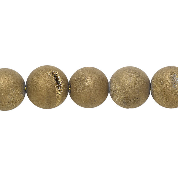 Bead, druzy agate (coated), opaque matte golden, 10mm hand-cut round, B- grade, Mohs hardness 6-1/2 to 7. Sold per 8-inch strand, approximately 20 beads. image number 0
