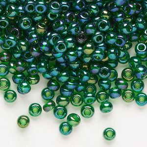 Seed bead, Preciosa Ornela Czech glass, pkg/50g, #6 rocaille, translucent rainbow medium green, (51060).