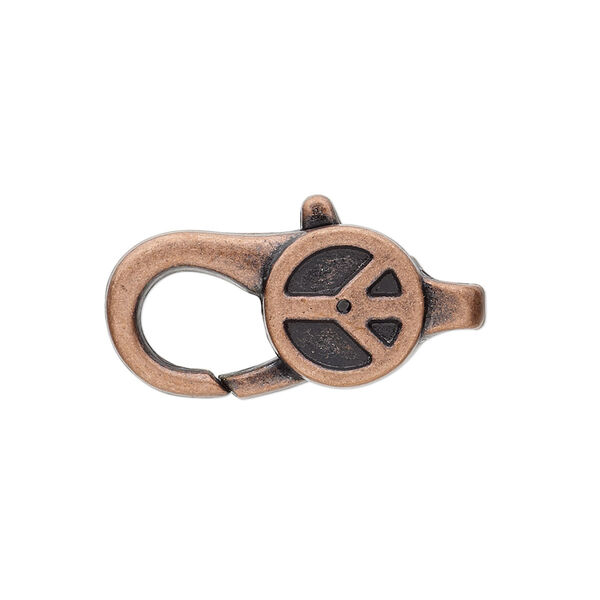 Clasp, lobster claw, antique copper-plated "pewter" (zinc-based alloy), 27.5x12mm with double-sided peace sign design. Sold per pkg of 4. image number 0