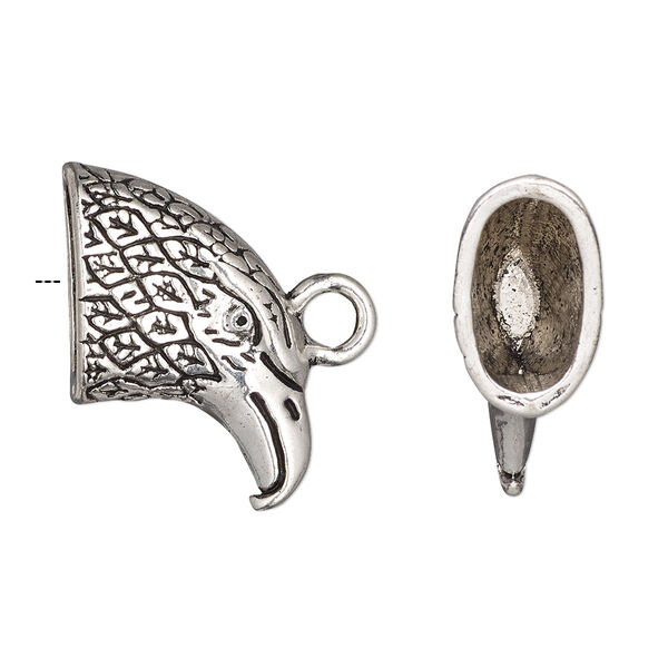 Cord end, glue-in, antique silver-finished "pewter" (zinc-based alloy), 24x16x9mm eagle, 12.5x7mm inside diameter. Sold per pkg of 4. image number 0