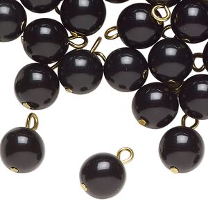 Drop, acrylic, black pearl, gold-finished brass, 10mm round. Sold per pkg of 100.