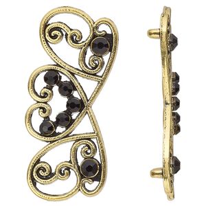 Spacer, antiqued gold-finished "pewter" (zinc-based alloy) and Czech glass rhinestone, black, 41x17mm 2-strand fancy rectangle. Sold per pkg of 4.