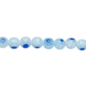 Bead, millefiori glass 1pkg1, translucent light blue / cobalt blue / white, 6mm round, 15 inches.
