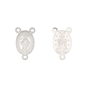Connector, sterling silver, 12x10mm two-sided oval rosary with Mother Mary. Sold individually.