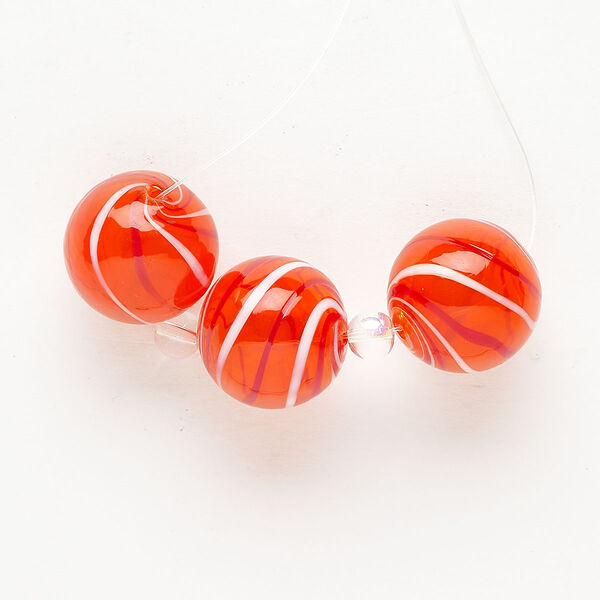Bead 1pkg3 handblown glass, 20mm round / line design, translucent dark red-orange / red / white image number 0