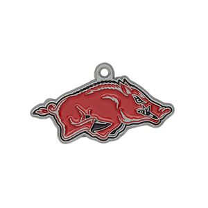 Charm, enamel and "pewter" (zinc-based alloy), red and black, 31x14mm single-sided right-facing Arkansas Razorbacks. Sold individually.