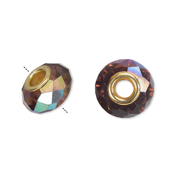 Bead, Dione®, glass and gold-finished brass grommets, medium purple AB, 13x9mm-14x10mm faceted rondelle, 4.5mm hole. Sold individually. image number 0