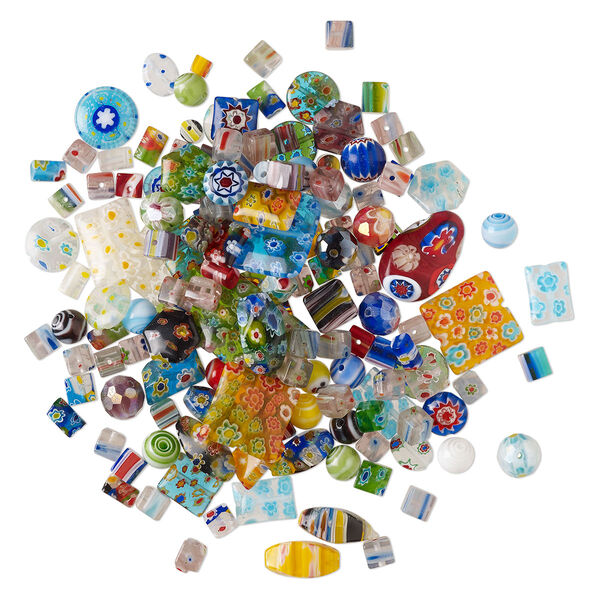 Bead mix, millefiori glass, pkg/4 ounces, 3-24x15mm top-drilled and center-drilled mixed shapes, opaque and translucent mixed colors. image number 0