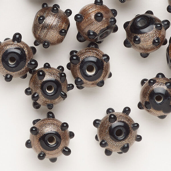 Bead, lampworked glass, pkg/20, opaque black and copper glitter, 12x8mm-14x10mm bumpy round. image number 0