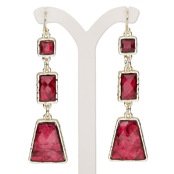 Earring, resin with gold-finished brass and "pewter" (zinc-based alloy), red, 2-1/2 inches with trapezoid and fishhook ear wire. Sold per pair. image number 0