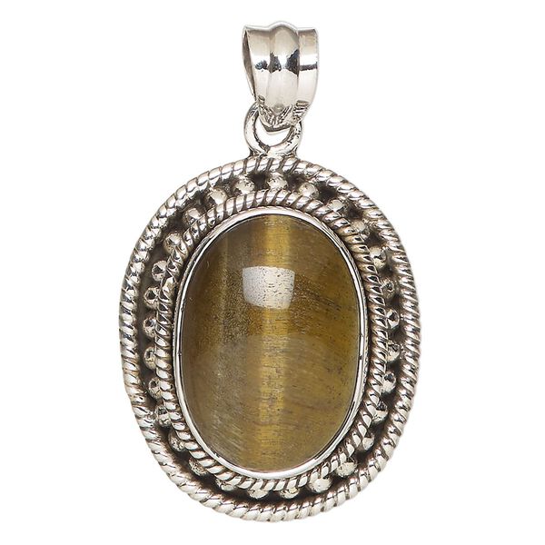 Pendant, tigereye (natural) and antiqued sterling silver, 33x28mm beaded oval. Sold individually. image number 0