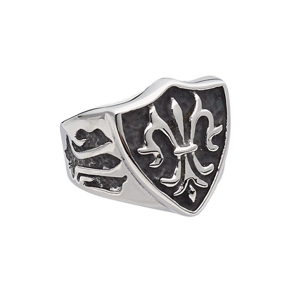 Ring, antiqued stainless steel, 22mm wide with shield and fleur-de-lis, size 9. Sold individually. image number 0