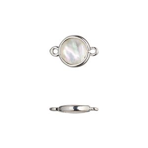 Link, mother-of-pearl shell and imitation rhodium-finished brass (assembled), 9.5mm-10.5mm double-sided round. Sold per pkg of 4.