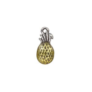 Charm, epoxy and antique silver-plated pewter (tin-based alloy), golden, 15.5x8mm single-sided pineapple. Sold per pkg of 2.