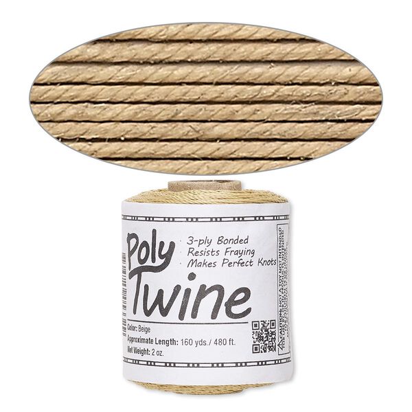 Cord, 3-ply bonded polyester twine, beige, 1mm diameter. Sold per 2-ounce spool. image number 0
