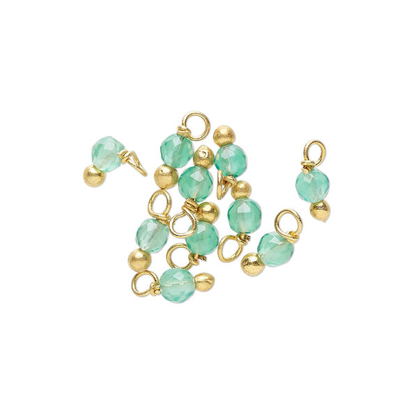 Drop, green onyx (dyed) and gold-finished brass, 3x2mm with 2mm faceted round. Sold per pkg of 10. image number 0