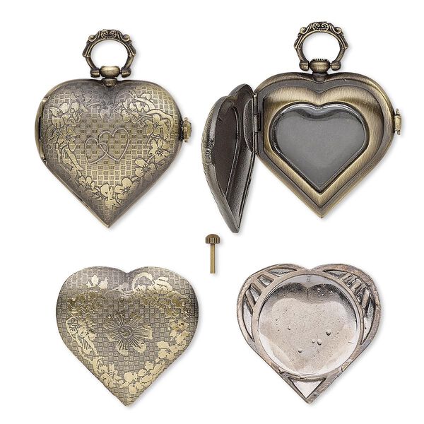 Watch body, glass and antique brass-plated "pewter" (zinc-based alloy), 53x40mm heart with floral design. Sold per 3-piece set. image number 0