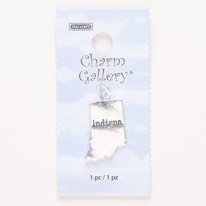 Charm, steel and enamel, pkg/1, silver finish and black, 23x16mm with "Indiana."