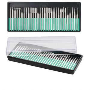 Burr set, plastic and diamond-coated steel, 1-3/4 x 1/8 inch assorted shanks with 1-5mm wide tip in 5-3/4 x 2-1/2 x 3/4 inch case. Sold per 30-piece set.