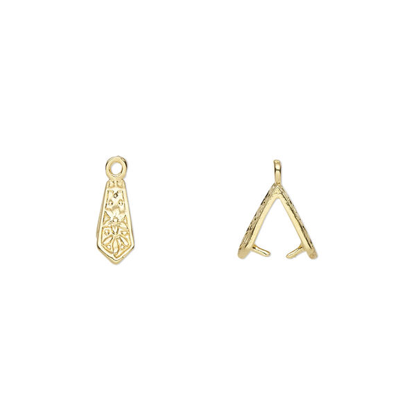 Bail, ice-pick, gold-plated brass, 9x4mm with flower design, 5mm grip length. Sold per pkg of 6. image number 0