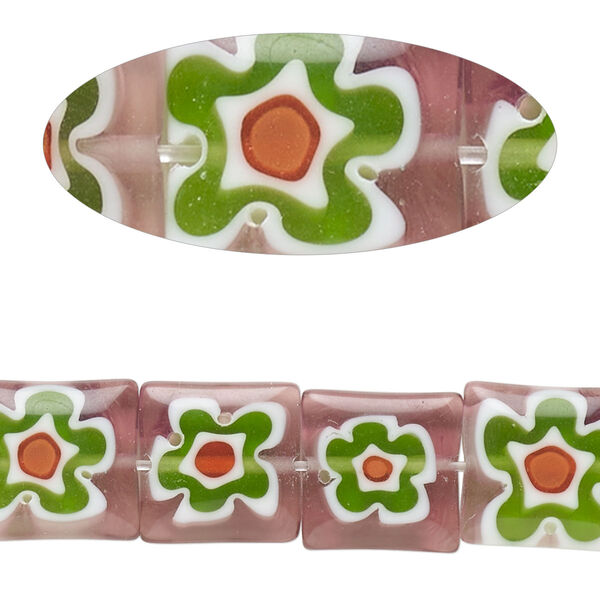 Bead, millefiori glass, translucent purple and multicolored, 11mm-13x12mm puffed square with flower design. Sold per 14-inch strand. image number 0
