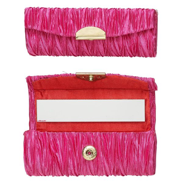 Lipstick case, rayon / gold-finished steel / glass, hot pink, 3-1/2x1-1/2-inch. Sold per pkg of 2. image number 0