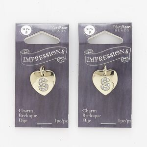 Charm, gold-finished "pewter" (zinc-based alloy) / steel / acrylic rhinestone, clear, 15.5x15mm single-sided puffed heart with letter "S." Sold per pkg of 2.