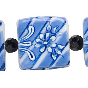 Bead, glass and lampworked glass, multicolored, 8mm faceted round and 25x25mm double-sided flat square with hand-painted flower and stripes. Sold per 7-inch strand.