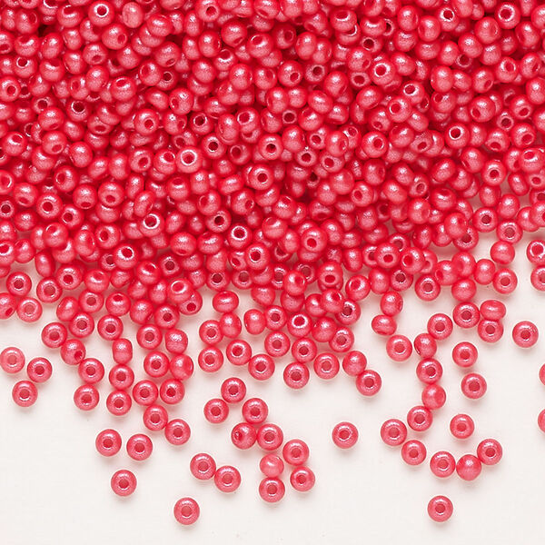 Seed bead, Preciosa Ornela Czech glass, pkg/50g, #11 rocaille, opaque PermaLux dyed red chalkwhite, (22008). image number 0