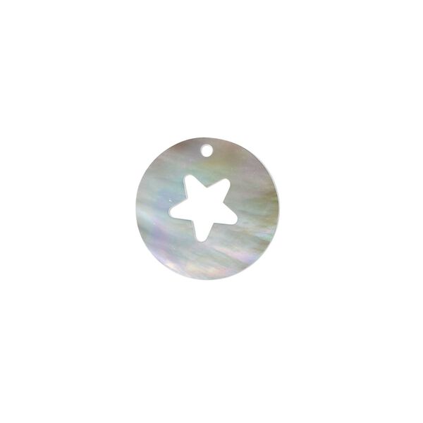 Drop, black lip shell (natural), 15mm round with cutout star, Mohs hardness 3-1/2. Sold individually. image number 0