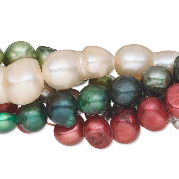 Pearl mix, cultured freshwater (bleached / dyed), mixed colors, 7-12mm flat-sided potato / rice / peanut, D grade, Mohs hardness 2-1/2 to 4. Sold per pkg of (5) 14-inch strands. image number 0