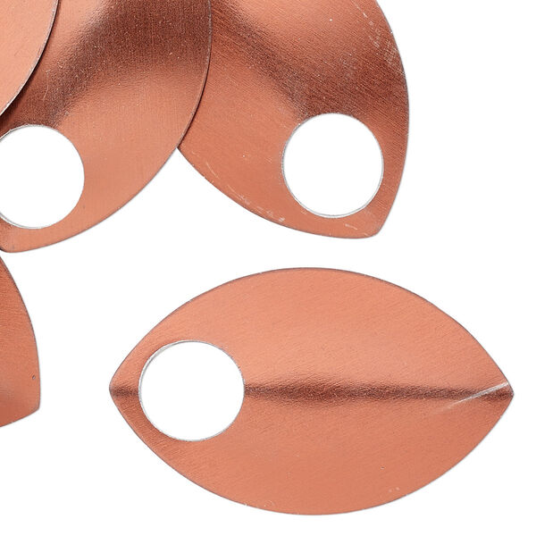 Component, anodized aluminum, orange, 36x22mm 2-sided curved scale blank with 8mm hole, 20 gauge. Sold per pkg of 20. image number 0