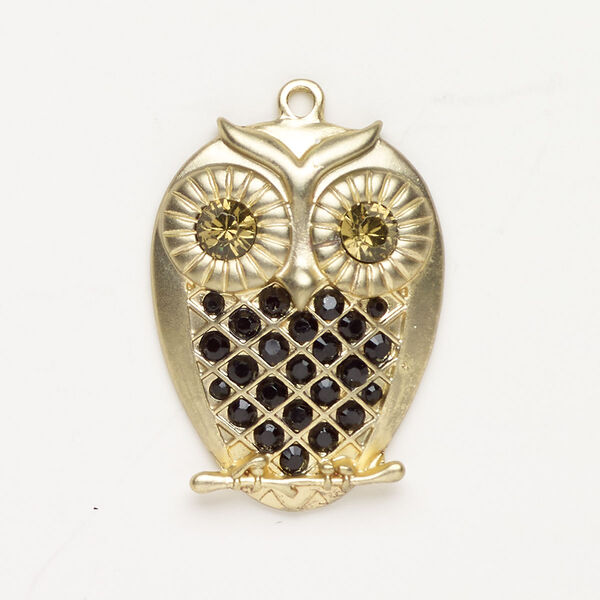 Brass / acrylic 1pkg1, owl focal matte gold-finished / black / yellow-green 39x29mm image number 0