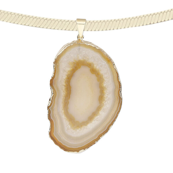 Pendant, agate (natural) with gold-plated brass and copper, 52x29mm-62x35mm hand-cut slice. Sold individually. image number 0
