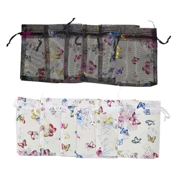 Pouch, organza, black / white / multicolored, 5-1/2 x 3-3/4 inches with butterfly pattern and drawstring. Sold per pkg of 12. image number 0