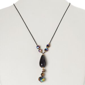 Necklace, glass / waxed cotton cord / gold-finished brass / steel, black and purple iris, 2-1/2 inch dangle, 16 inches with lobster claw clasp. Sold individually.