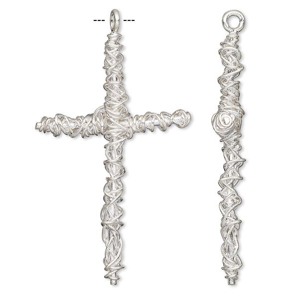 Focal, Hill Tribes, sterling silver, 47x28mm wire-wrapped cross. Sold individually. image number 0