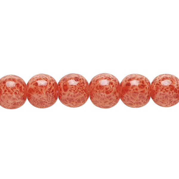 Bead, glass, opaque red / brown / white, 7-8mm round with random spotted pattern. Sold per 15-1/2" to 16" strand. image number 0