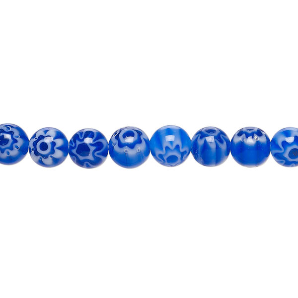 Bead, millefiori glass 1pkg1, translucent white and dark blue, 6mm round, 15 inches. image number 0