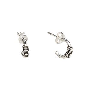 Earstud, Create Compliments®, antiqued sterling silver, 10.5mm half hoop with wire-wrapped design. Sold per pair.