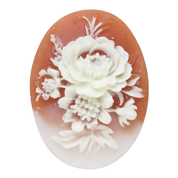 Cabochon, acrylic, peach and white, 40x30mm non-calibrated oval cameo with flower. Sold individually. image number 0