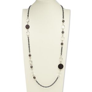 Necklace, wood / brown snowflake jasper (natural) / glass / silver- / black-finished steel, clear and brown, flat round, 32-inch continuous loop. Sold individually.
