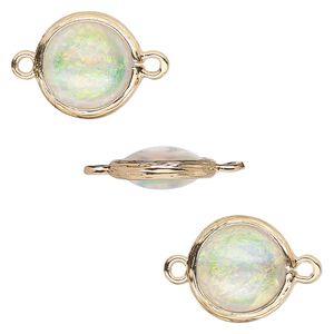 Link, Opalized Ice™, "opal" (resin) and gold-finished brass, white, 14mm double-sided round. Sold per pkg of 4.