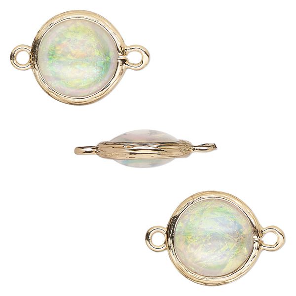 Link, Opalized Ice™, "opal" (resin) and gold-finished brass, white, 14mm double-sided round. Sold per pkg of 4. image number 0