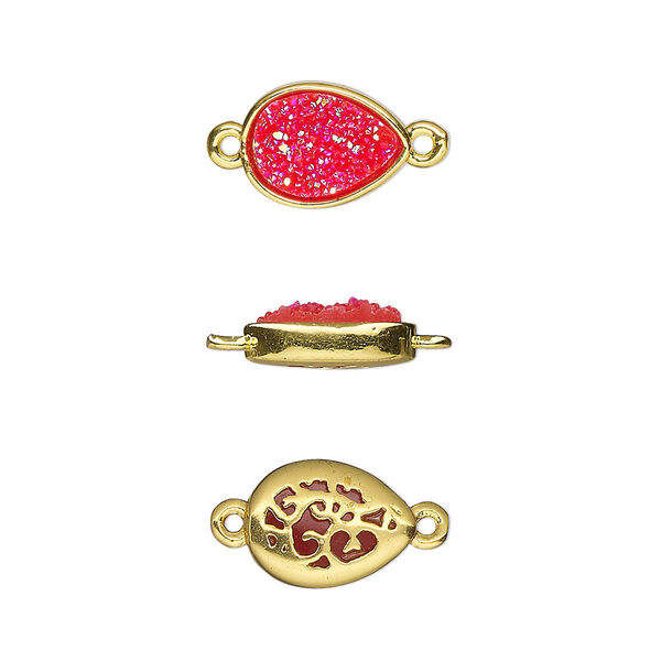 Link, Druzylite™, "druzy" (resin) and gold-finished brass, hot pink, 11.5x8.5mm two-sided teardrop with open filigree back. Sold per pkg of 4. image number 0