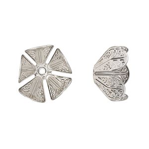 Bead cap, antique silver-finished copper, 16x10.5mm leaves, fits 12-16mm round bead. Sold per pkg of 10.